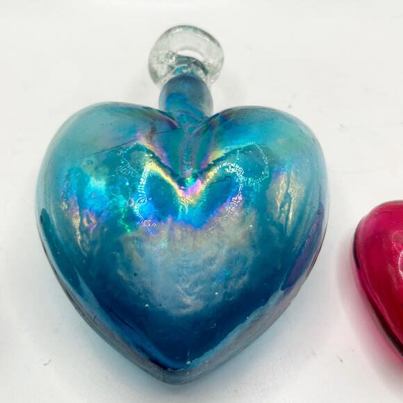 Hand Blown Mexican Glass Hearts Ornaments Iridescent Blue, Amethyst, Ruby Red - Picture 4 of 7